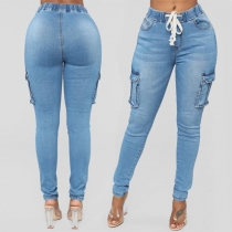 Fashion Elastic Waist Side-pocket Slim Fit Jeans