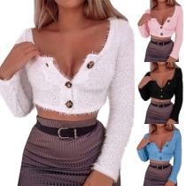 Sexy Long Sleeve Round Neck Front-button Crop Top