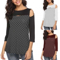 Sexy Off-shoulder 3/4 Sleeve Round Neck Dots Printed Top