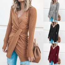 Sexy Deep V-neck Slit Hem Long Sleeve Solid Color Slim Fit Dress