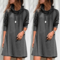 Fashion Solid Color Long Sleeve Cowl Neck Sweatshirt Dress