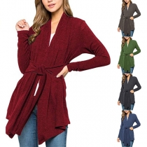 Fashion Solid Color Long Sleeve Lace-up Cardigan 