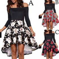 Sexy Off-shoulder Boat Neck 3/4 Sleeve Printed Spliced High-low Hem Dress