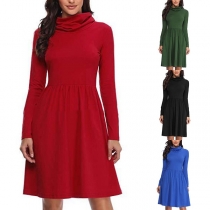 Fashion Solid Color Long Sleeve Cowl Neck Dress