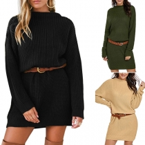 Fashion Solid Color Long Sleeve Mock Neck Sweater Dress