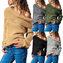 Sexy Oblique Shoulder Long Sleeve Solid Color Sweater