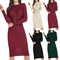 Fashion Solid Color Long Sleeve Front-button Slim Fit Knit Dress