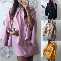 Fashion Slit Long Sleeve Round Neck Solid Color Loose Dress
