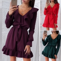 Sexy V-neck Long Sleeve Solid Color Ruffle Dress