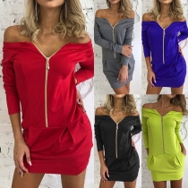 Sexy Off-shoulder Boat Neck 3/4 Sleeve Solid Color Dress