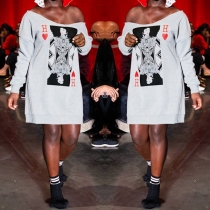 Sexy Oblique Shoulder Long Sleeve Printed Dress