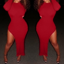 Sexy Slit Hem Long Sleeve Solid Color Slim Fit Dress