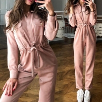 Fashion Solid Color Long Sleeve Drawstring Waist Jumpsuit