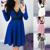 Fashion Contrast Color Long Sleeve V-neck High Waist Dress