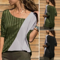 Fashion Contrast Color Long Sleeve Oblique V-neck T-shirt 