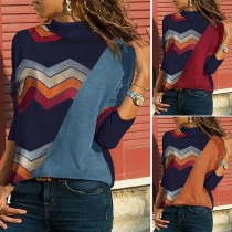 Fashion Contrast Color Long Sleeve Mock Neck Wavy Striped T-shirt