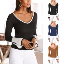 Fashion Contrast Color Trumpet Sleeve V-neck Slim Fit T-shirt