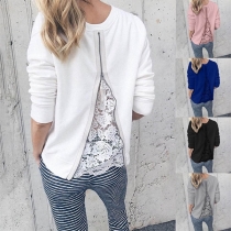 Fashion Solid Color Long Sleeve Round Neck Lace Spliced T-shirt