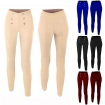 Fashion Solid Color Double-breasted High Waist Slim Fit Pants