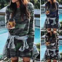 Fashion Camouflage Printed Long Sleeve Round Neck Dress