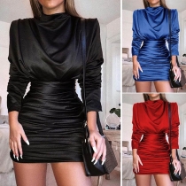 Fashion Solid Color Long Sleeve Slim Fit Wrinkled Dress