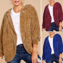 Fashion Solid Color Long Sleeve Hooded Loose Cardigan