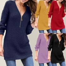 Fashion Solid Color Long Sleeve Zipper V-neck Sweater Dress