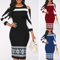 Sexy Off-shoulder Long Sleeve Slim Fit Contrast Color Printed Dress