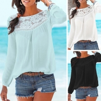 Fashion Solid Color Long Sleeve Round Neck Lace Spliced Top 
