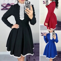 Fashion Lace Spliced Long Sleeve Round Neck High Waist Dress