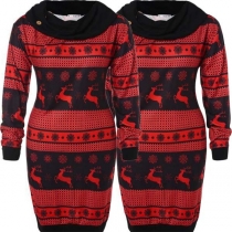 Fashion Elk Printed Long Sleeve Cowl Neck Slim Fit Dress