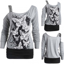 Sexy Off-shoulder Long Sleeve Butterfly Printed Top