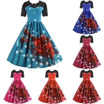 Sexy Lace Spliced Short Sleeve Round Neck Printed Dress