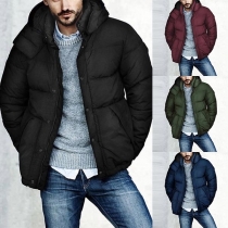 Fashion Solid Color Long Sleeve Stand Collar Hooded Men's Padded Coat