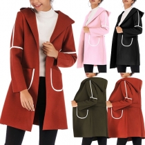 Fashion Contrast Color Long Sleeve Hooded Cardigan Coat