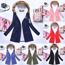Fashion Solid Color Long Sleeve Faux Fur Spliced Hooded Padded Coat