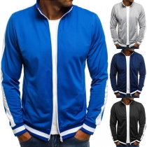 Fashion Contrast Color Long Sleeve Stand Collar Men's Sweatshirt Coat