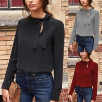 Fashion Solid Color Long Sleeve Lace-up Round Neck Blouse