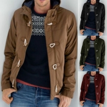 Fashion Solid Color Long Sleeve Horn Button Hooded Men's Coat