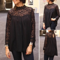 Sexy Hollow Out Lace Spliced Long Sleeve Stand Collar Solid Color Top