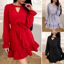 Fashion Solid Color Trumpet Sleeve Ruffle Hem Dress