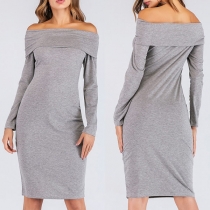 Fashion Solid Color Boat-neck Off-shoulder Long Sleeve Slim Fit Over-hip Dress