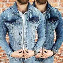 Fashion Solid Color Lapel Collar Long Sleeve Single-breasted Men's Denim Coat