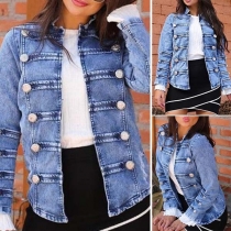 Fashion Solid Color Double-breasted Long Sleeve Denim Cardigan