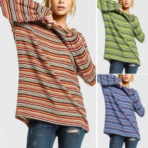 Fashion Contrast Color Round-neck Long Sleeve Striped Slim Fit Shirt