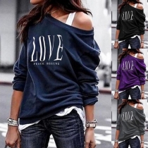 Fashion Oblique Shoulder Letters Printed Long Sleeve Loose Top