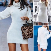 Fashion Solid Color High Neck Long Sleeve Slim Fit Sweater Dress