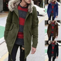 Fashion Solid Color Long Sleeve Side Pockets Plush Hooded Men's Coat