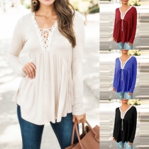Fashion Contrast Color Lace Spliced Long Sleeve Pleated Hem Shirt