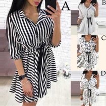 Fashion Contrast Color Lapel Collar Striped Pleated Hemline Dress